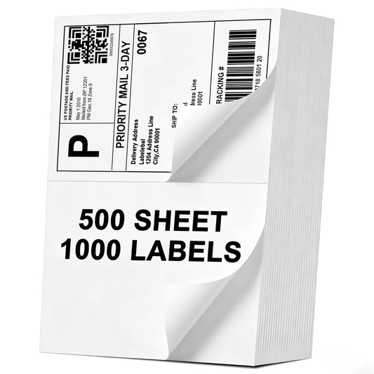(1000 Labels/500 Sheets)Labelebal Half Sheet Self Adhesive Shipping Labels for Laser & Inkjet Printers, 8.5" x 5.5" Shipping Mailing Labels, 2 Per Page Shipping Labels, 5 1/2 x 8 1/2 Half Sheet Labels