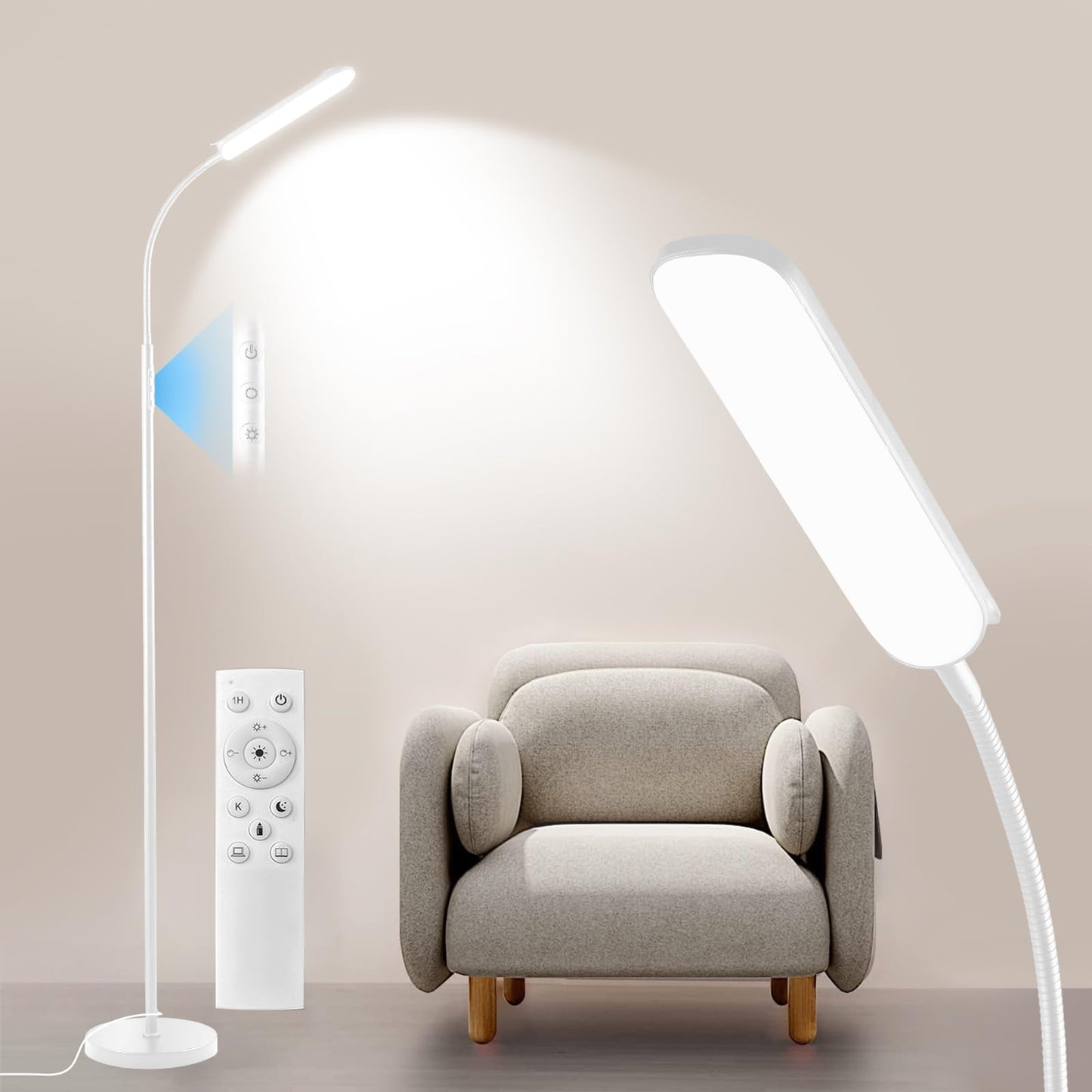 Yikuneng Dimmable LED Floor Lamp, Super Bright Reading Lamps Floor Standing Lamp with Remote & Touch Control, Stepless Dimming & 2700K-6500K Color Temperature, for Living Room Bedroom Office, White