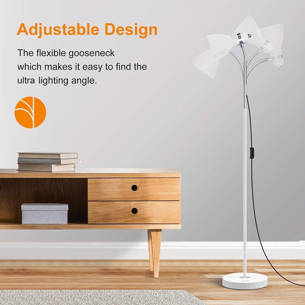 LEPOWER Floor Lamp, Metal Standing Lamp with Adjustable Gooseneck, Heavy Metal Base, Reading Pole Lamp for Office, White Floor Lamps for Bedroom, Living Room