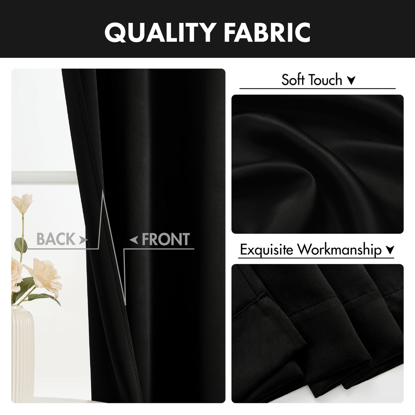 MIULEE Blackout Curtains 4 Panels Sets Black 63 Inch Length, Top and Bottom Rod Pocket Room Darkening Curtains for Bedroom Windows, 4 Pack Solid Thermal Insulated Light Blocking Curtain Drapes