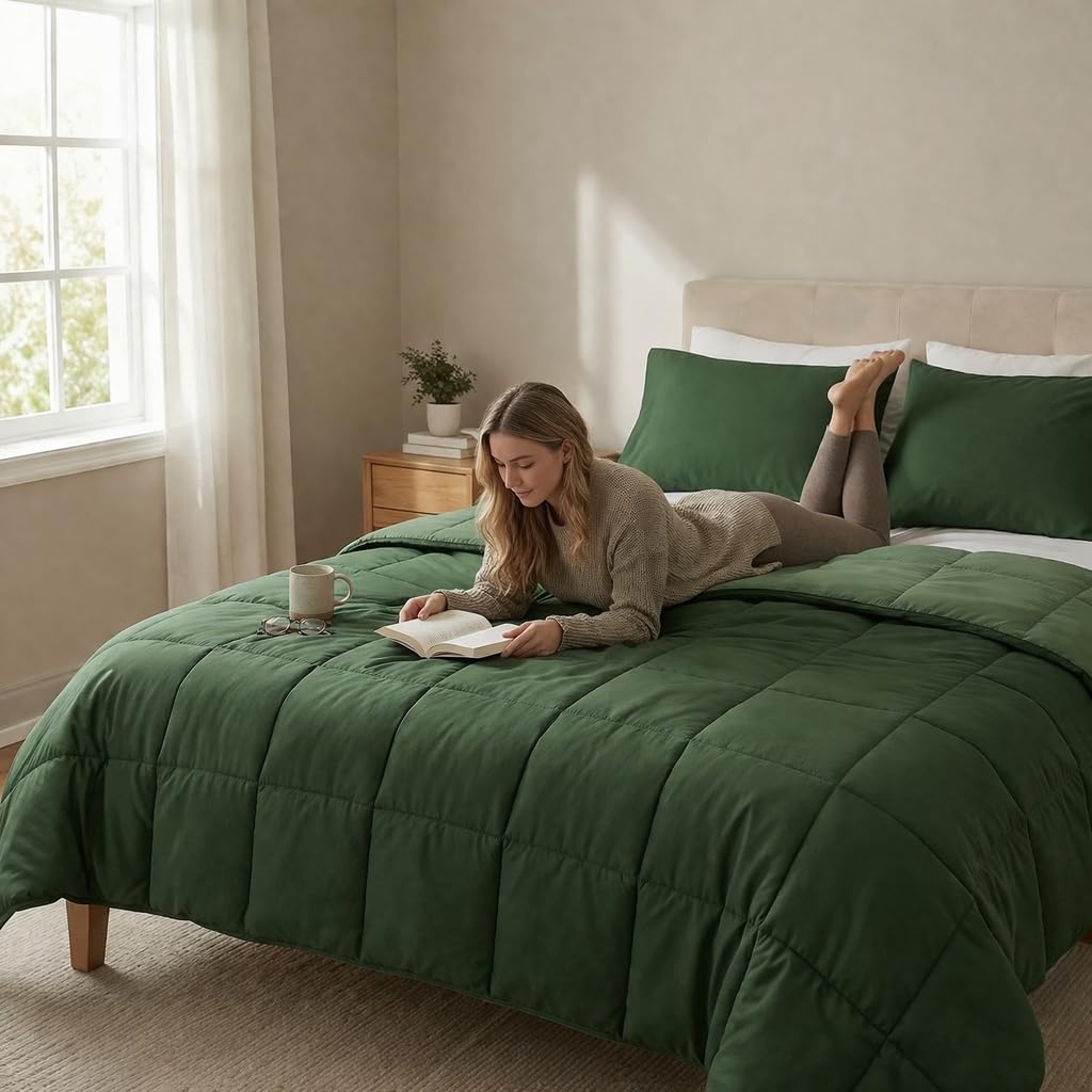 HIG 3pc Green King Size Comforter Set -All Season Reversible Down Alternative Comforter Bedding Comforter -Quilted Duvet Insert with Corner Tabs - Box Stitched Blanket - Breathable, Soft, Fluffy