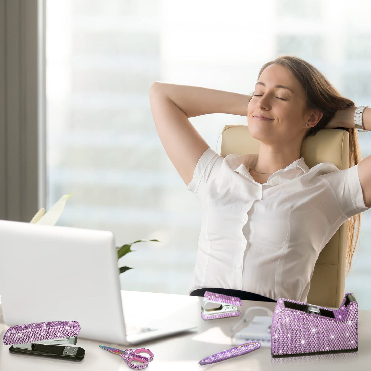 Yunlly 6 Pack Bling Office Stationery Set Desk Accessory Office Set Includes Pen Scissor Stapler Staple Remover 1000 Pcs Staples Tape Dispenser with Diamond Inlay for Home Desk(Purple)