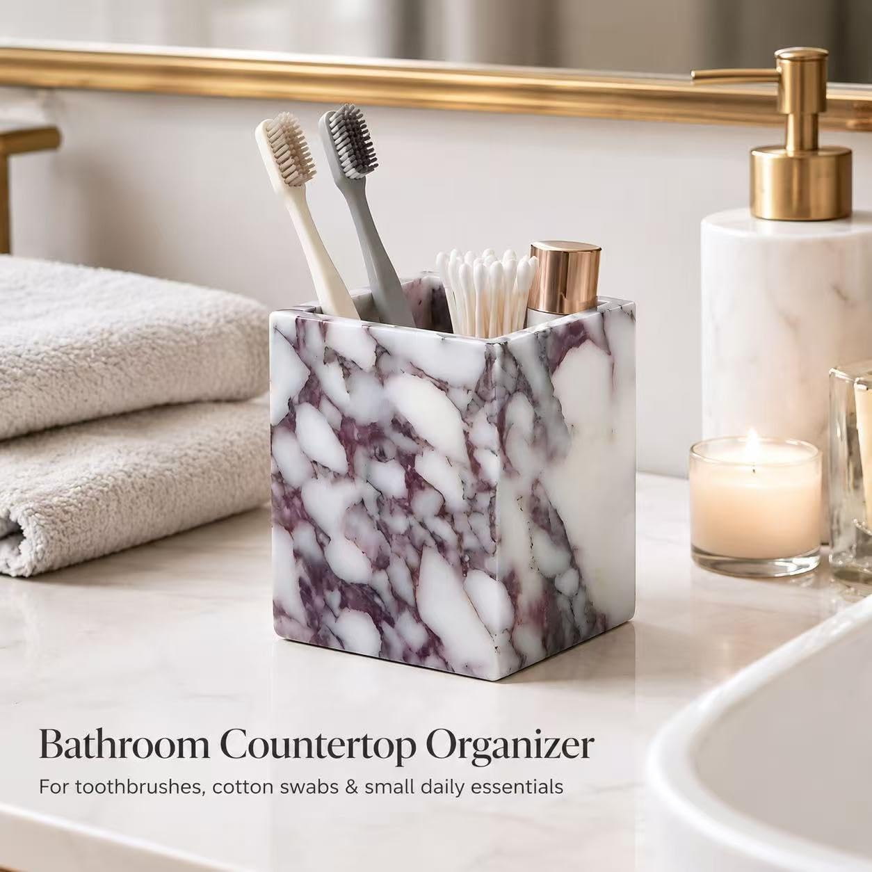Artisanal Abode Marble Pen Holder, Natural White Marble Pencil Cup and Square Desktop Organizer for Pens, Makeup Brushes, Toothbrushes, Office Supplies, Vanity and Bathroom Counter