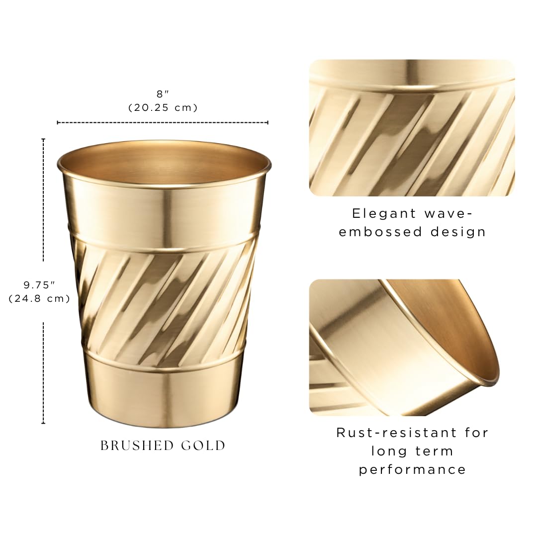 Monarch Abode Metal Bathroom Trash Can – Waste Basket for Bedroom, Office Desk, & Dorm, Handcrafted Wave Embossed, Durable Decorative Brushed Gold Small Trash Can Bathroom Garbage Bin Wastebasket