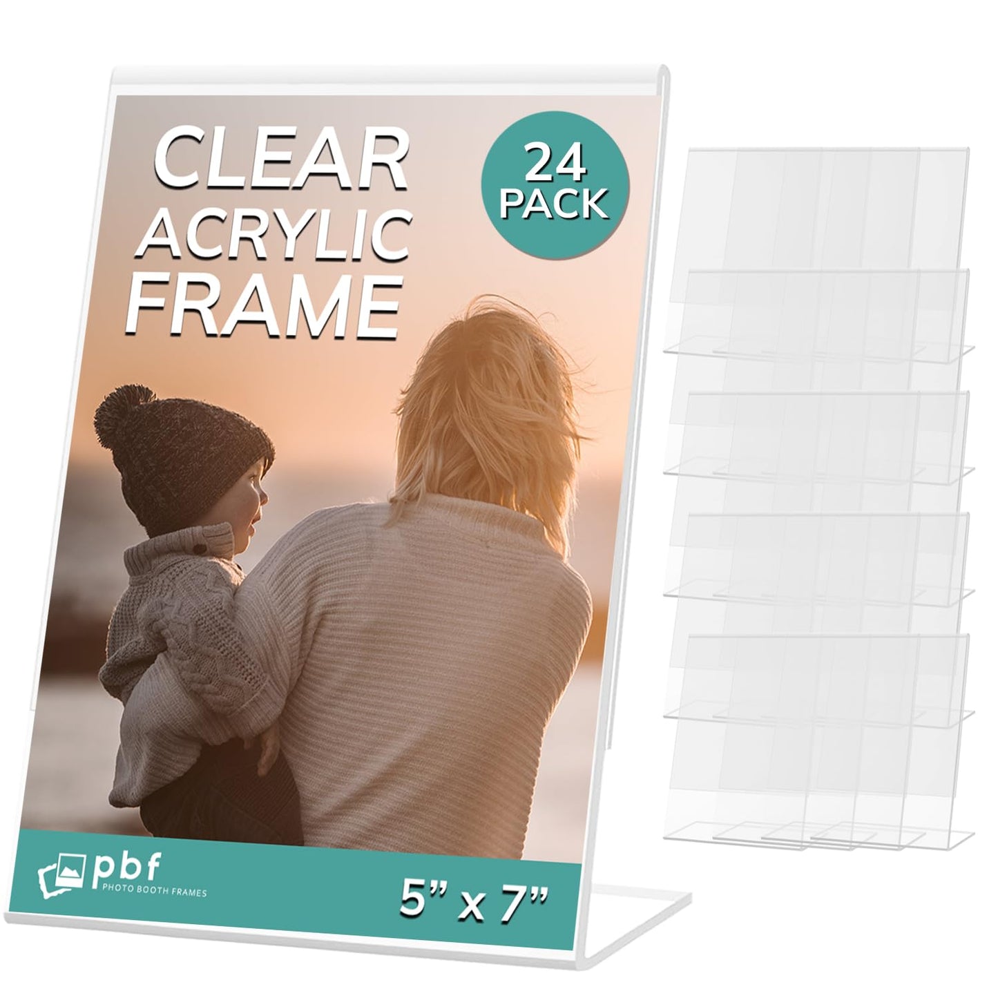 pbf 5x7 Acrylic Sign Holder | 5 x 7 Vertical Stand Up Slanted Sign Holder | Acrylic Stands for Display | Clear Picture Frame, Menu Table Top Stand, Plastic Flyer Holder (24-Pack)