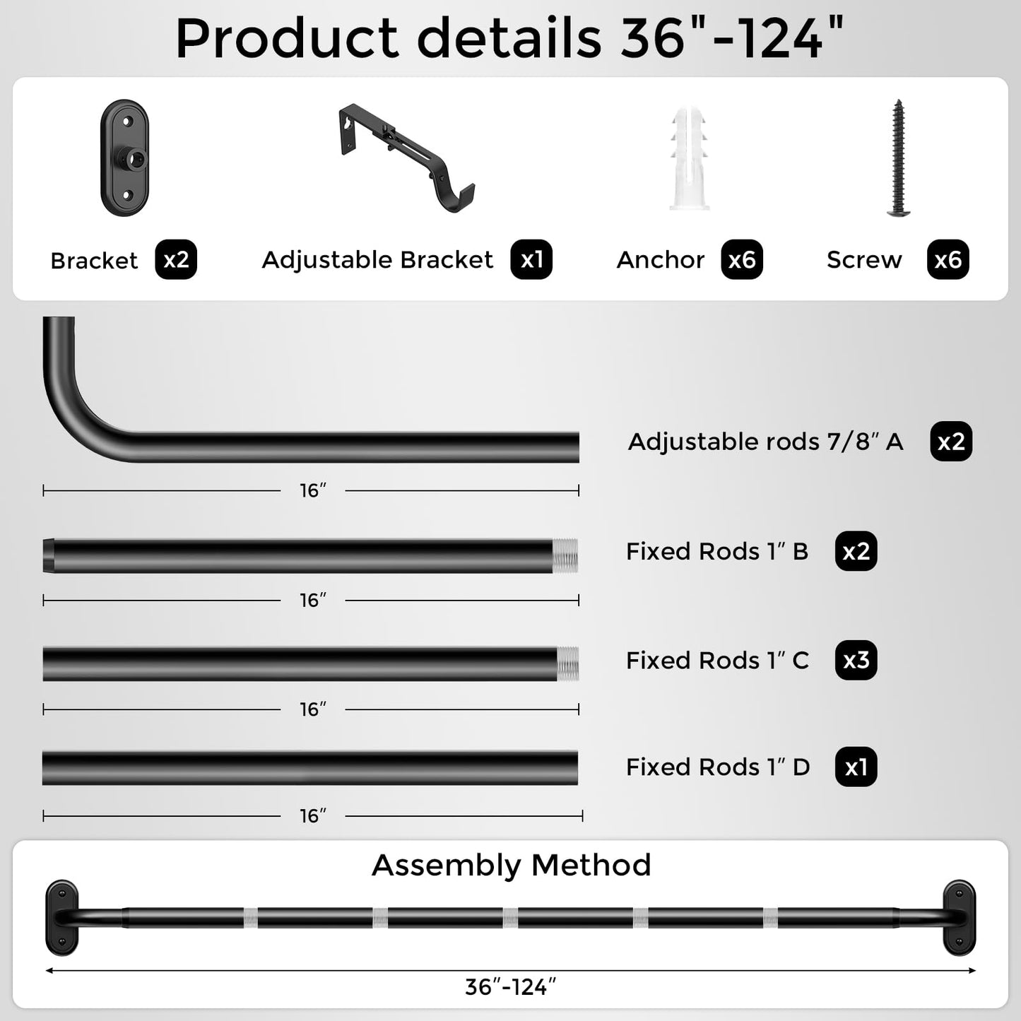 Wolistsa Curtain Rods 36-120 Inch, Black Wrap Around Blackout Curtain Rods for Windows, 1 Inch Adjustable Long Heavy Duty Room Darkening Window Treatment Rod for Bedroom, Living Room, Sliding Door