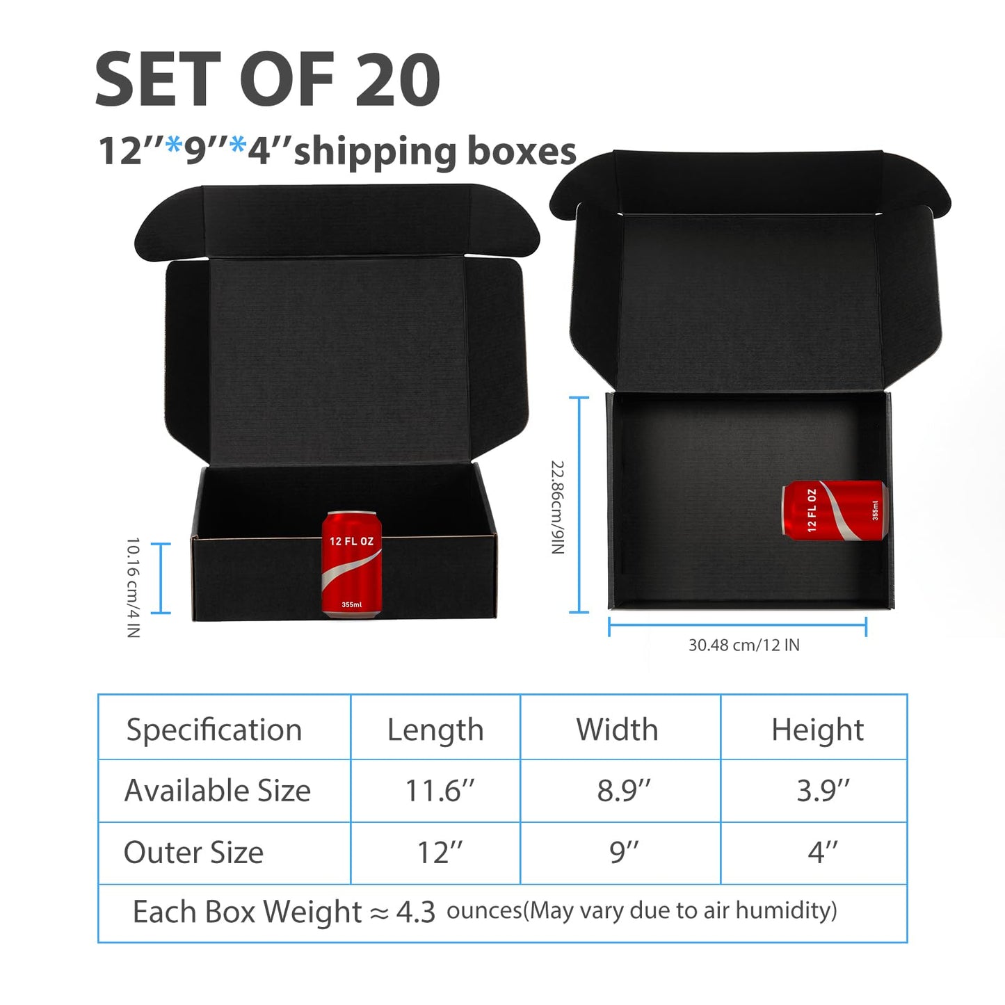 DUZCLI Small Shipping Boxes 12x9x4 Inches – Black Corrugated Cardboard Boxes (20-Pack) for Mailing, Packing, Small Business & Gift Packaging - Recyclable & Sturdy