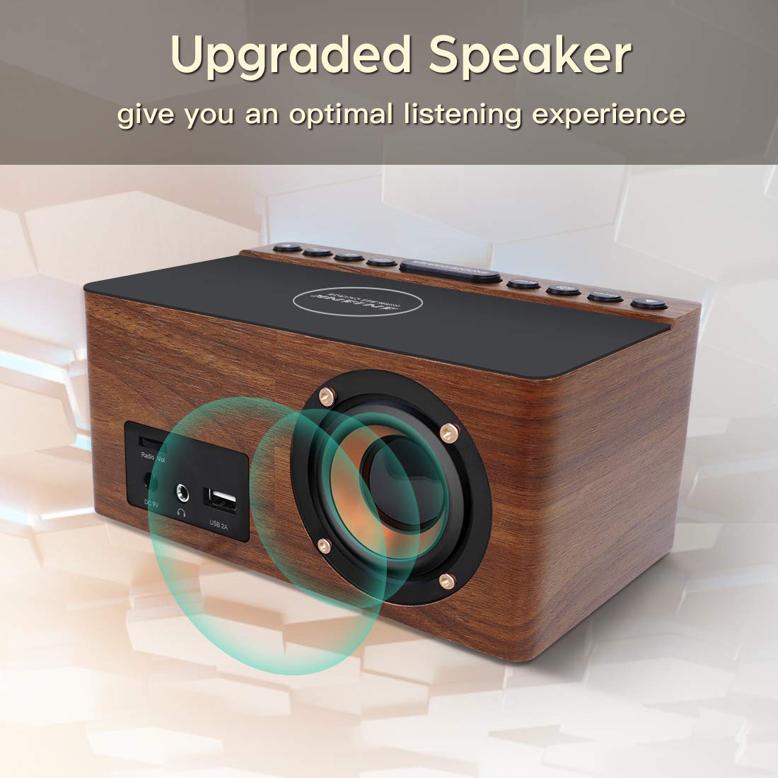 ANJANK Wooden Digital LED Alarm Clock FM Radio, Fast Wireless Charger Station for iPhone/Samsung Galaxy, 5 Level Dimmer, USB Charging Port, 9 Sounds, Sleep Timer for Bedroom, Bedside, Desk