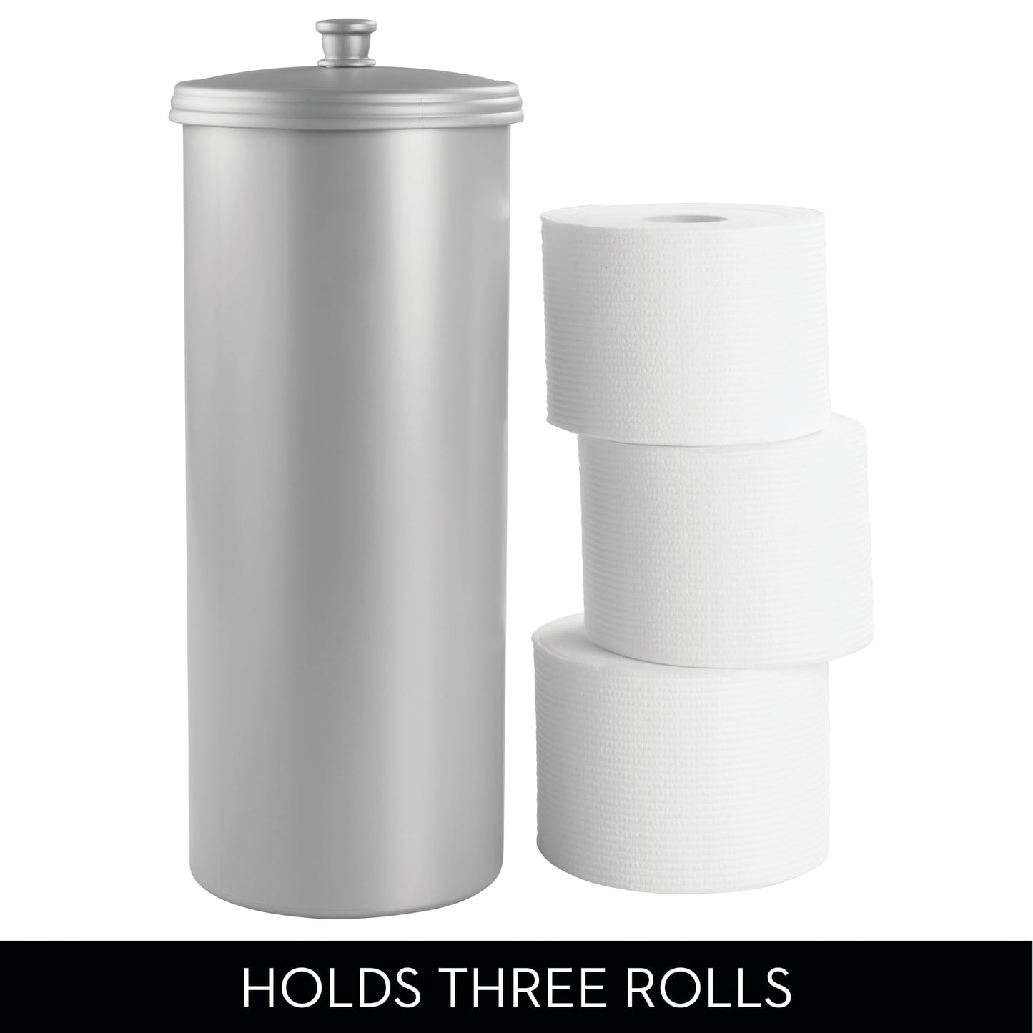 iDesign Freestanding Bathroom Toilet Paper Storage Holder with Lid for 3 Extra Rolls, 2-Pack, Silver
