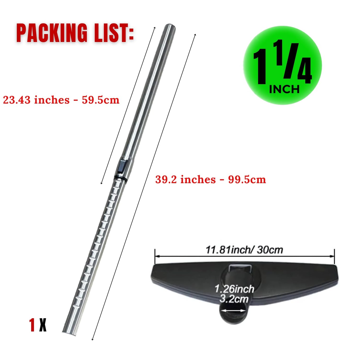 1.25 Inch Stainless Steel Vacuum Extension Wand Compatible with Vacuums using 1 1/4 Inch (1.25in) 32mm Accessories - 1 1/4 Vacuum Extension Tube for Shop Vac (Extension Wand and Hard Floor Brush)