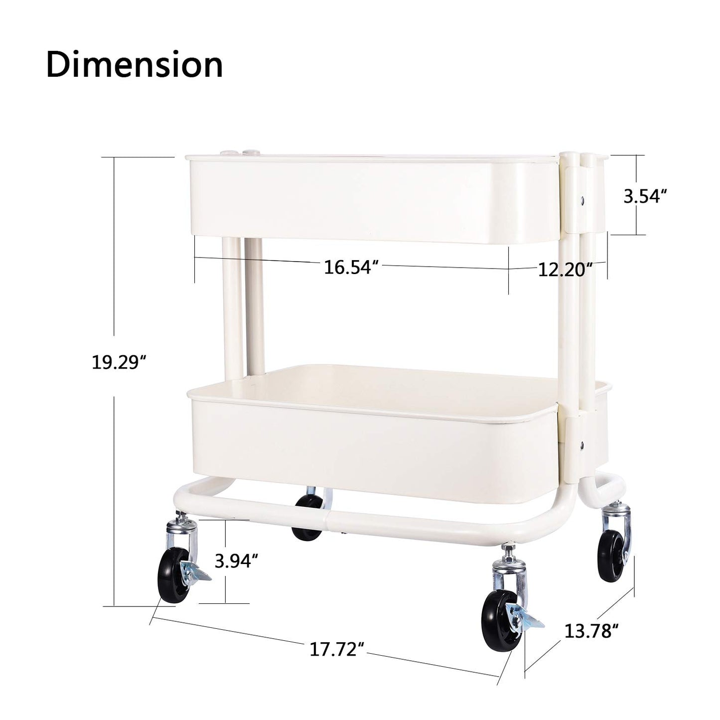 Melody House 2-Tier Metal Utility Rolling Cart Storage Side End Table with Cover Board for Office Home Kitchen Organization, Cream White