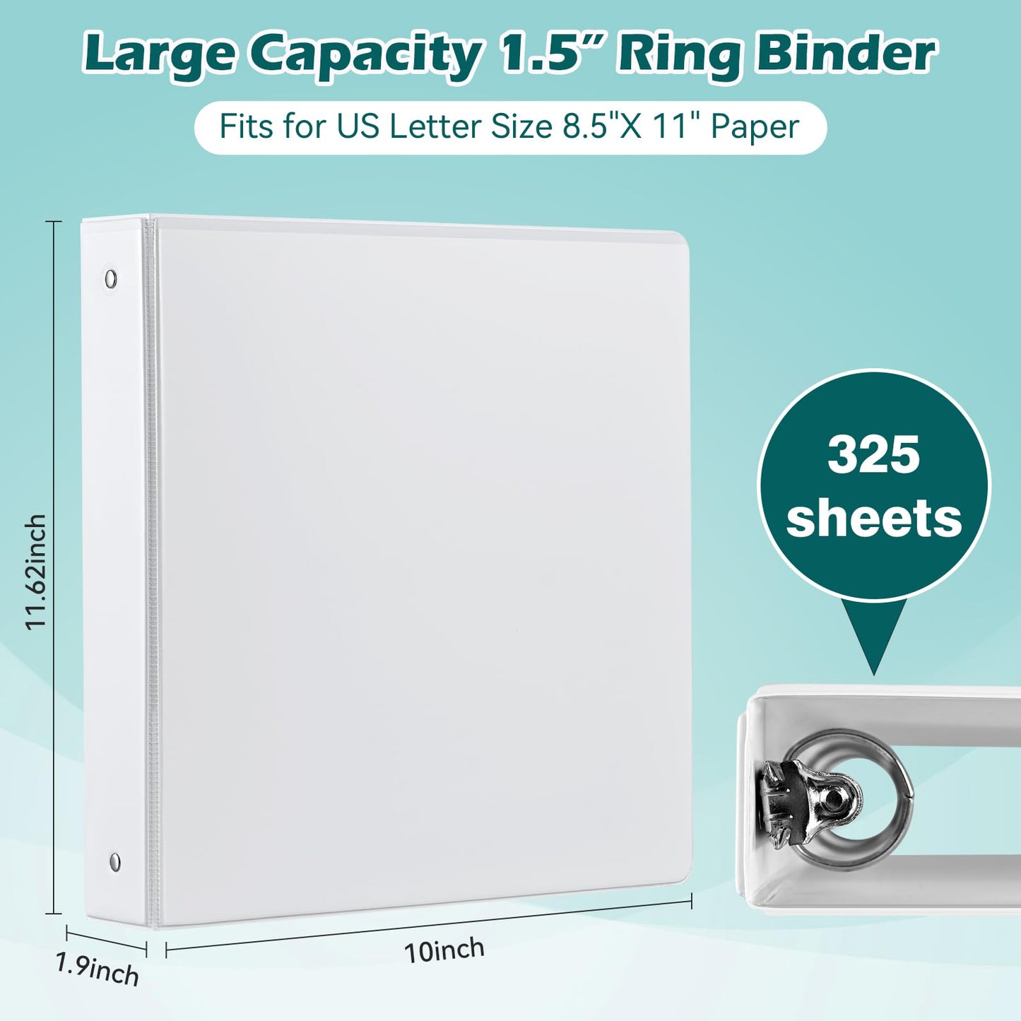 Heture 3 Ring Binder 1.5 Inch 6 Pack, 1-1/2" Clear View with Round Rings, PVC-Free,Holds for 325 Sheets 8.5X 11 US Letter Size Paper, Durable White Binders Perfect for Office,School and Home