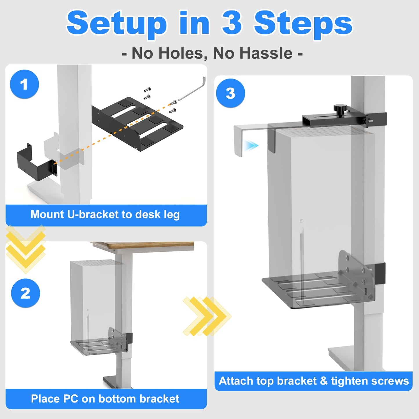 Under Desk PC Mount - No Drilling 40 lb Capacity, Fits 3 Fixed Desk Leg Sizes, CPU Holder Under Desk, Adjustable Clamp-on Desk Leg PC Mount for Standing Desk, with Non-Slip Pads, White