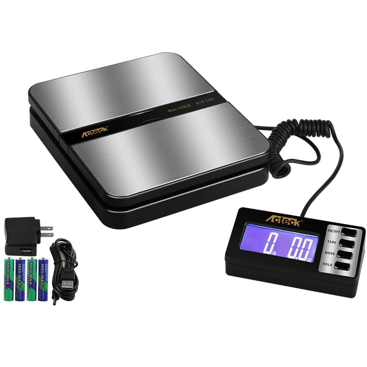 Acteck 150LB x 0.1 OZ Extended Display Digital Shipping Postal Scale with AC Adapter, Black