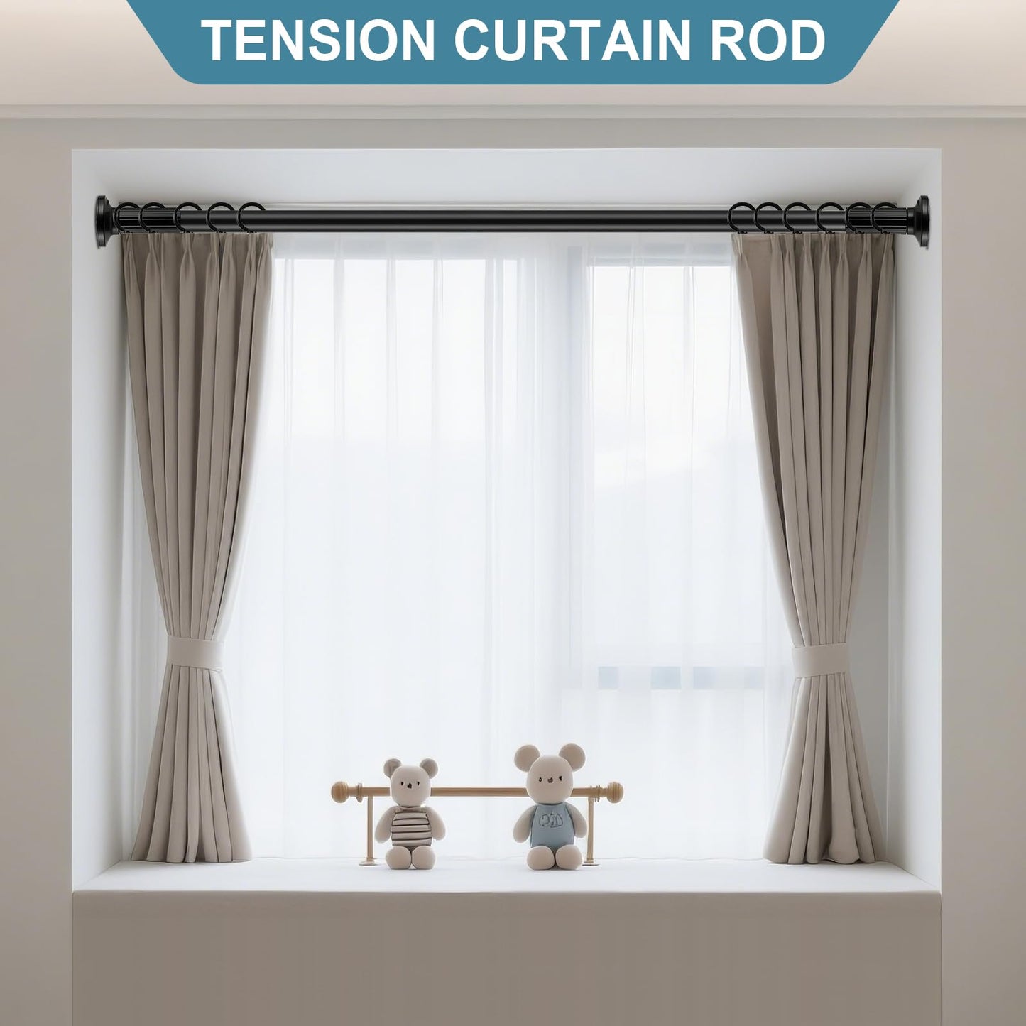 ZOCONE Tension Curtain Rod 51-168 In(4.25-14 Ft), Outdoor Curtain Rod No Drilling for Patio Window, Adjustable Shower Curtain Rod for Bathroom, Extra Long Tension Rod Diameter 1.26In Never Rust, Black