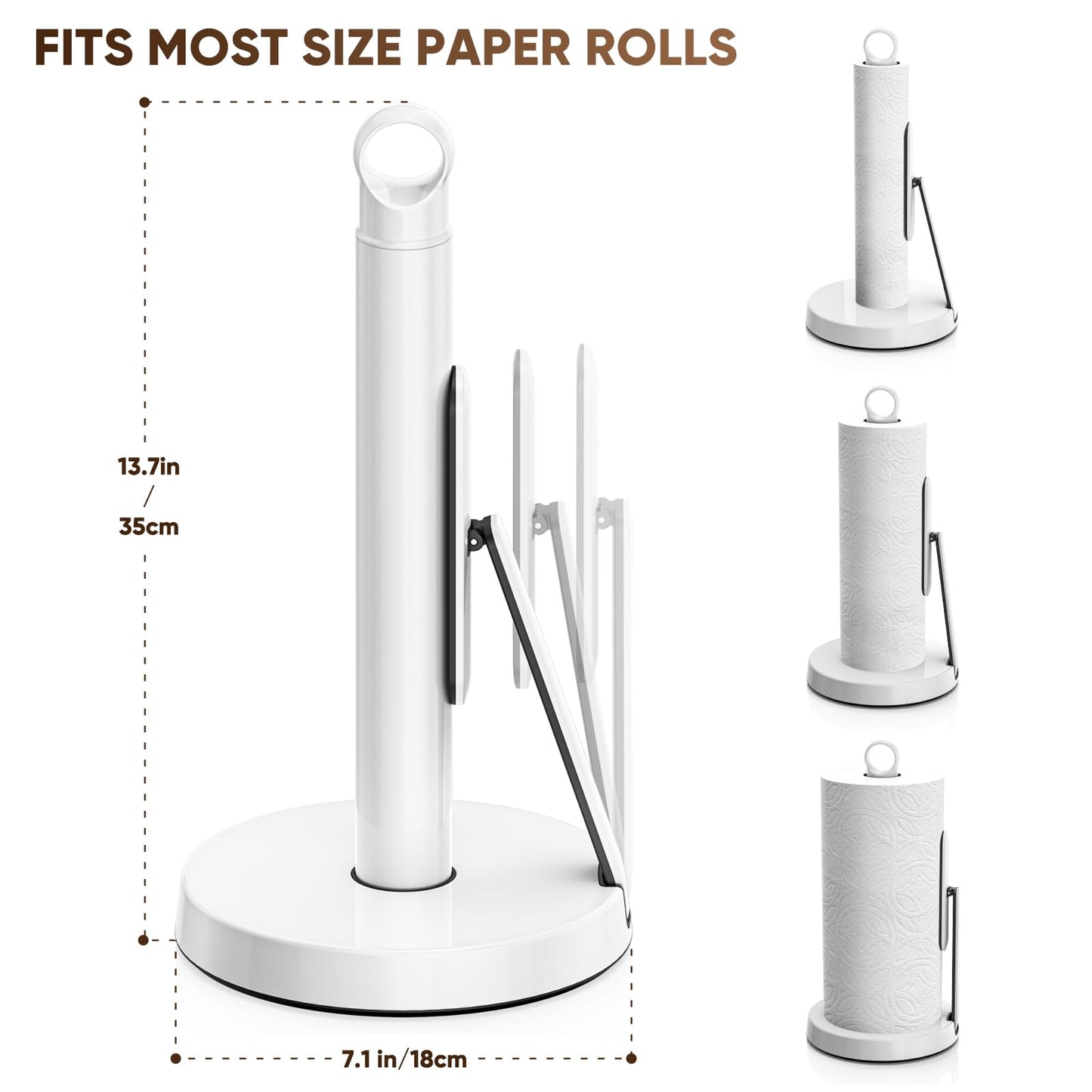 theaoo Heavy-Duty Stainless Steel Paper Towel Holder with Tension Arm – Easy One-Handed Tear, Modern Standing Countertop Dispenser for Kitchen, Holds All Paper Towel Rolls (1, White)