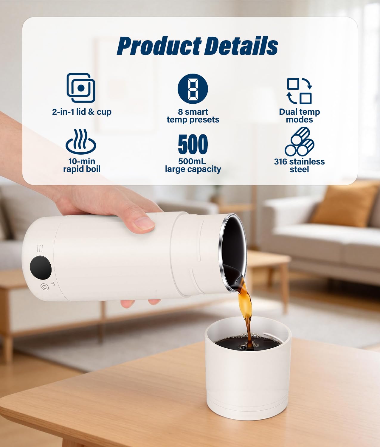 Portable Electric Kettle for Travel, 316 Stainless Steel Kettle, Hot Water Boiler with 2-In-1 Lid & Cup, 500ML Travel Tea Kettle with 8 Temperature Control, Auto Shut-Off & Boil Dry Protection (White)