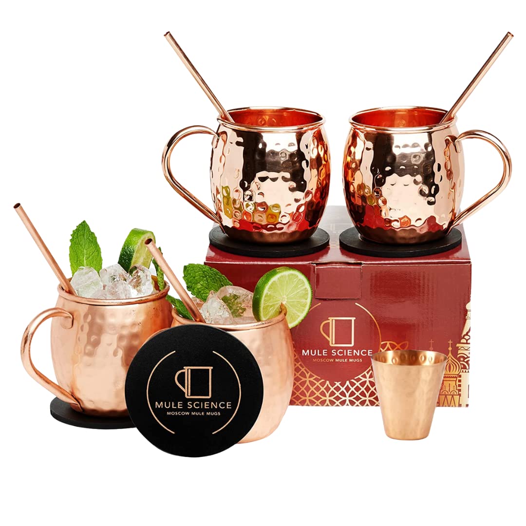 Advanced Mixology Mule Science Moscow Mule Copper Mugs Gift Set of 4 (19 oz) – Handcrafted Hammered Copper Cups, Food-Safe & Tarnish-Resistant – Includes Straws, Coasters & Shot Glass