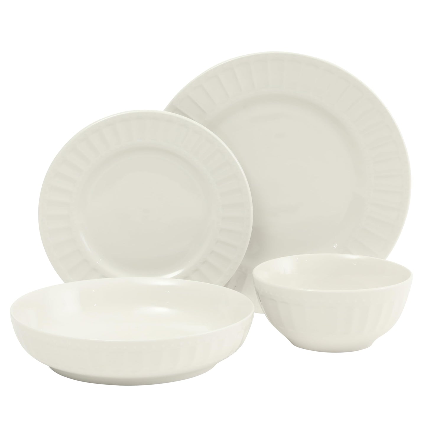Gibson Home Melbourne White Plates and Bowls Set, 16 Piece Embossed Ceramic Dinnerware Set - Service for 4 Dishes - With Pasta Bowl