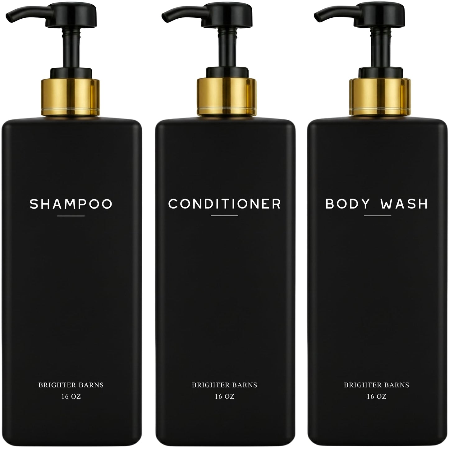 Black Shampoo and Conditioner Dispenser Set by Brighter Barns - Body Wash and Shower Soap Dispenser - Refillable Shampoo and Conditioner Bottles for Gold Bathroom Decor, Guest Bathroom, Airbnb (Black)