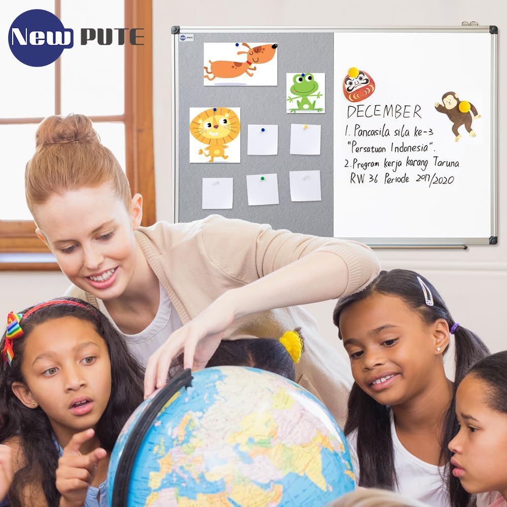 NEWPUTE White Board and Cork Board Combo - 36 x 24 Inches Large Dry Erase Whiteboard and Bulletin Board, Magnetic Wall Pin Display Board for Home, Classroom & Office, 24"x36" Grey