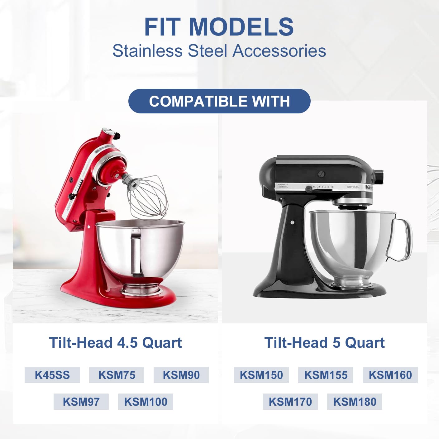 4.5-5 Qt Stand Mixer Attachments for Kitchenaid K45DH Dough Hook K45B Flat Beater K45WW Wire Whip Whisk Kitchen Aid Accessories for KitchenAid 4.5-5 Qt Tilt-Head Stand Mixers,Stainless Steel