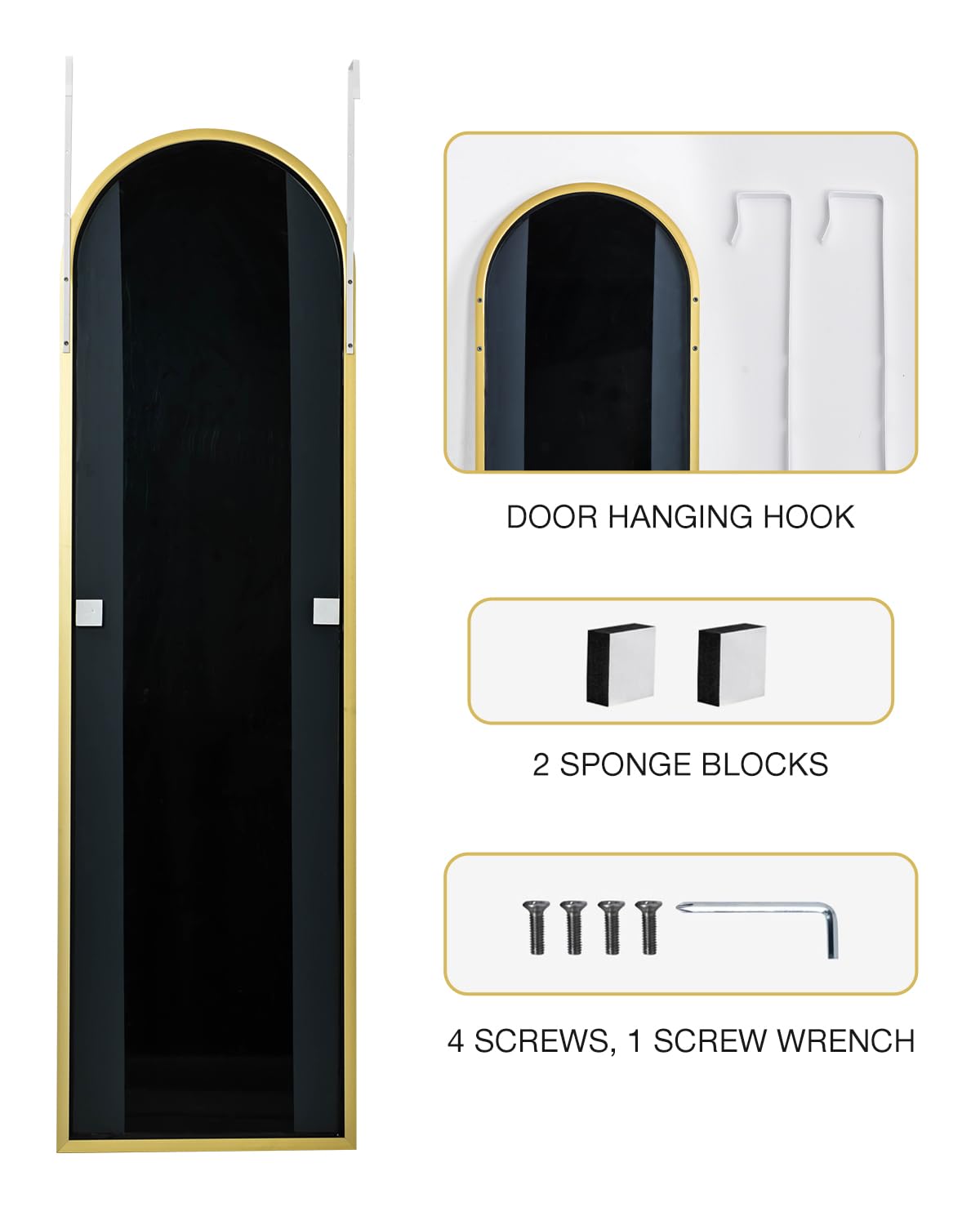 KOMCOTE Full Length Mirror 48x14 Inches - Over The Door Hanging Mirror for Bedroom, Living Room, Closet - Arch Floor Mirror, Door Mirror with Gold Frame - No Drill Easy Install