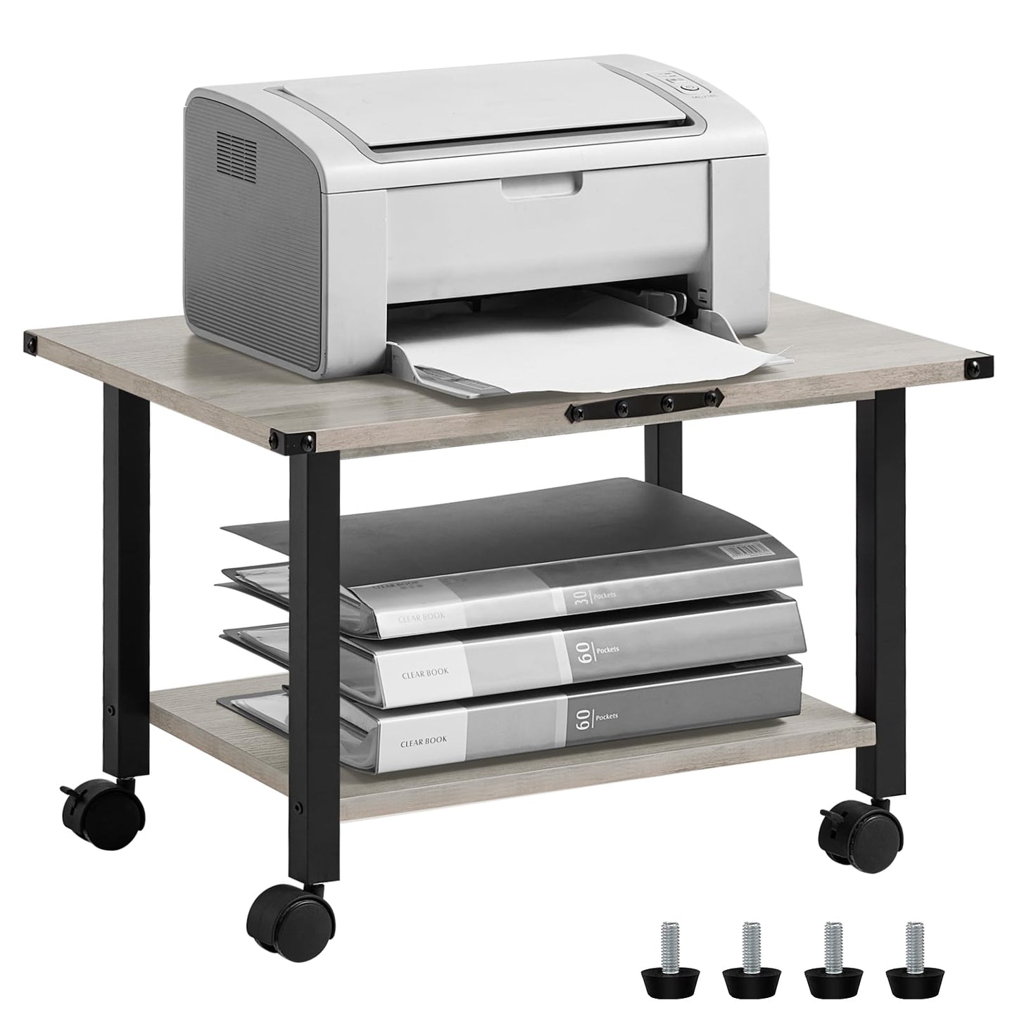 Lerliuo Under Desk Printer Stand, 2-Tier Industrial Mobile Printer Table with Storage Shelf and Steel Frame, Rolling Printer Cart Holder with Lockable Wheels for Home, Office (Grey)