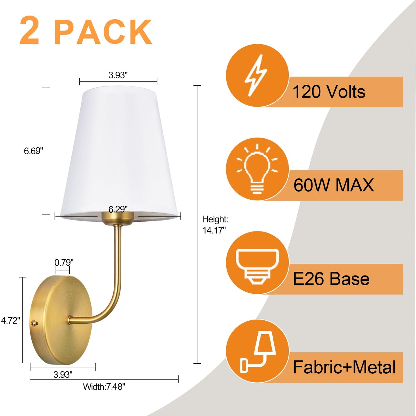 LEECOORA Antique Brass Hardwired Wall Sconce Set of 2 - Gold Finish with White Fabric Shades，Bedroom Lighting, Living Room, Farmhouse, Fireplace, Hallway, Bedside Lamp,Bathroom Wall Lights