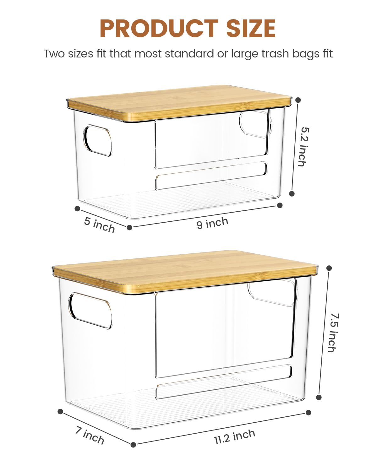 Trash Bag Dispenser 2 Pack, Stackable Trash Bag Holder with Bamboo Lid – Clear Plastic Garbage Bag Organizer for 4-33 Gal Bags, Space-Saving Under Sink Organizer for Kitchen, Laundry, Pantry