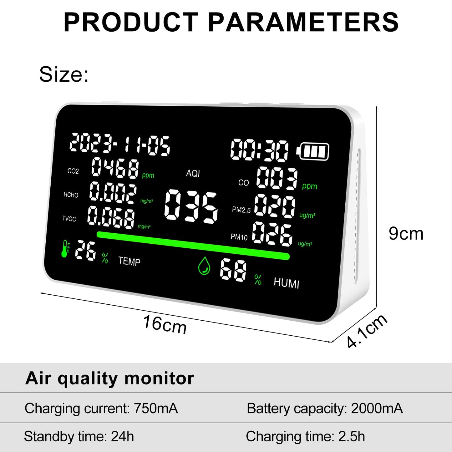 11-in-1 Air Quality Monitor, Indoor CO2/VOC/AQI/PM2.5/Thermometer/Humidity Monitor, Portable Smart Air Quality Meters, Air Quality Tester for Home Office Outdoor, Battery Powered