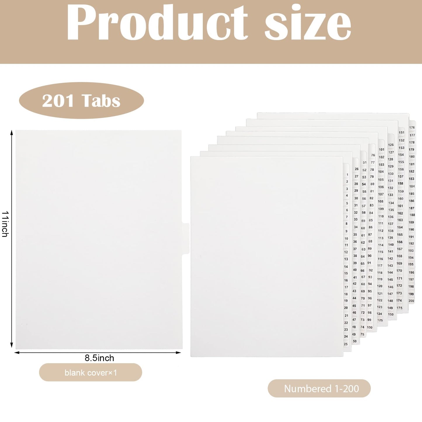 Yeaqee 1-200 Numbered Tab Dividers Un-Punched Letter Size 8.5 x 11 Inch Paper Page White Binder Index Dividers for Office Documents Files (White,1 Set)