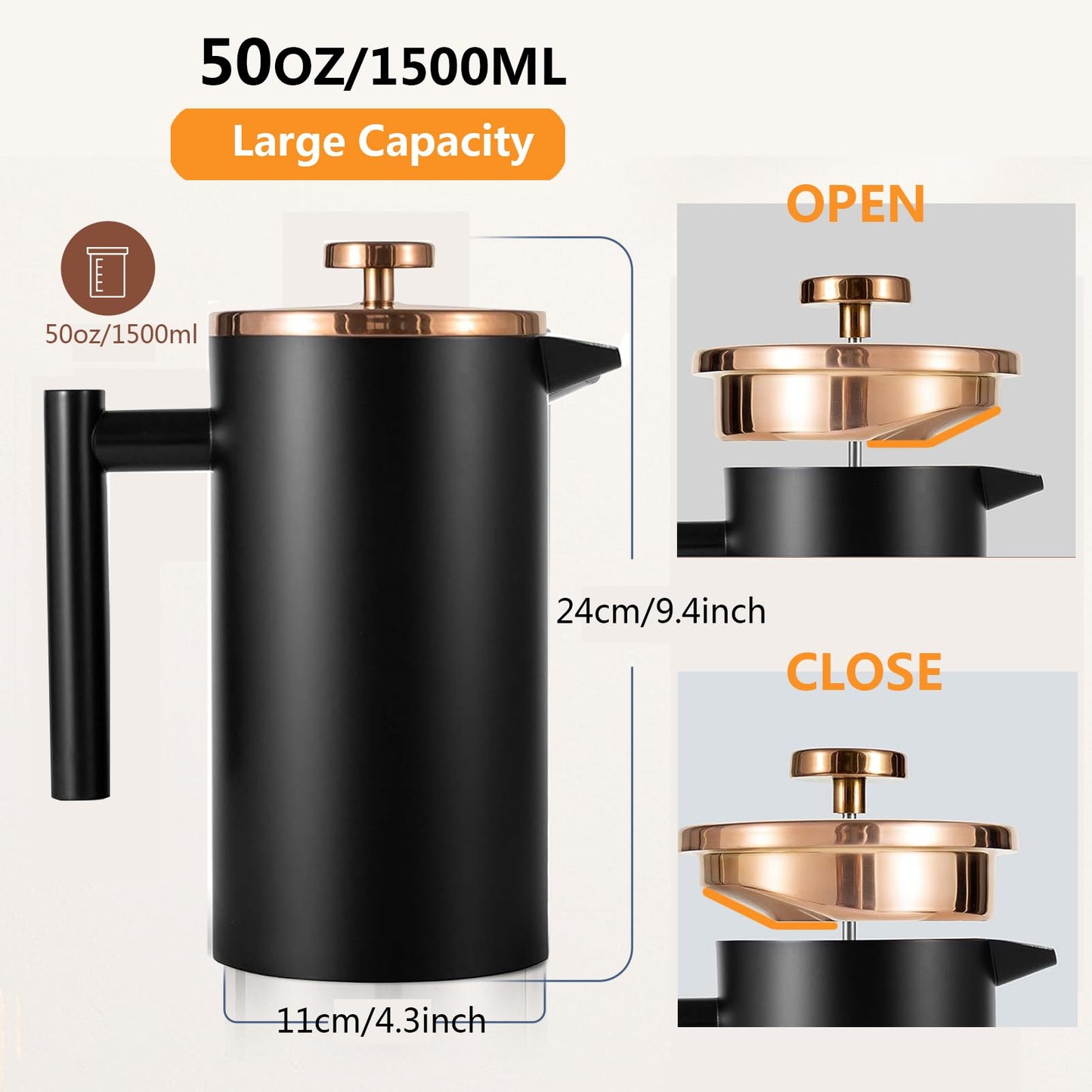 Meelio 1500ml French Press Coffee Maker, Double Wall 304 Stainless Steel Insulated Cafetiere Coffee Press with 3 Layer Filter, Large Capacity Coffee Brewer for Home Camping Office