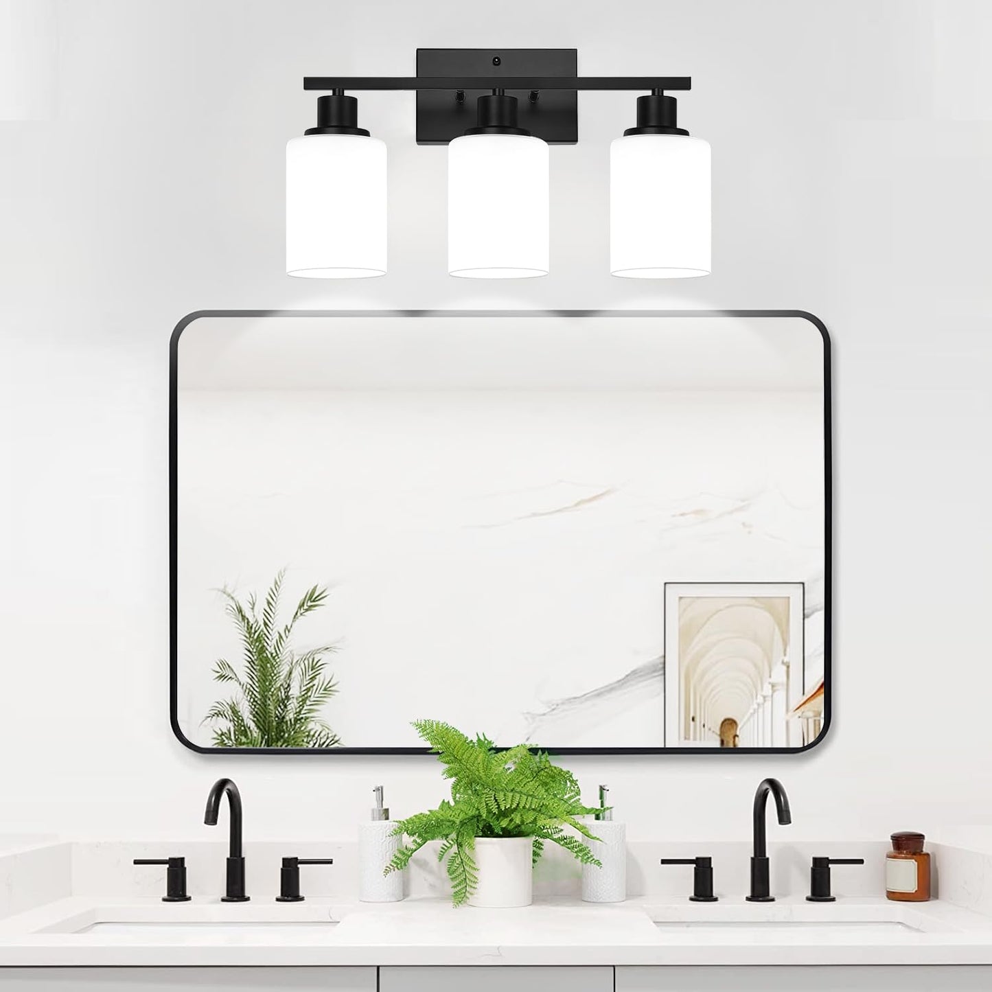 MOKATNG 3-Light Bathroom Light Fixtures, Vanity Light with Milky White Shades, Matte Black Bathroom Light Fixtures Over Mirror, Modern Bathroom Wall Lamp for Mirror Living Room Cabinet Bedroom