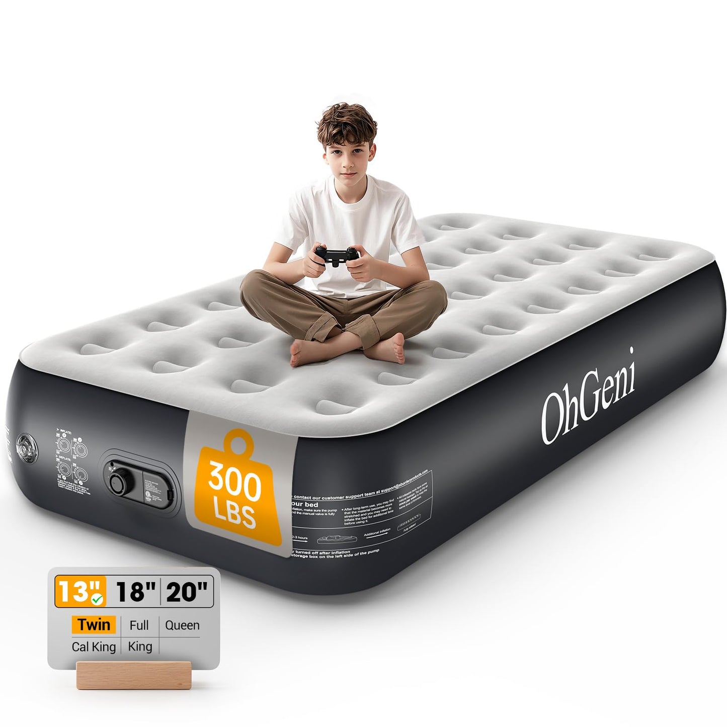 OhGeni Twin Air Mattress with Built in Pump, Camping Air Mattress with External Valve, Family Choice Award Winner, 13" Inflatable Blow up Bed, Portable Foldable Airbed for Home & Outdoor, 300lbs