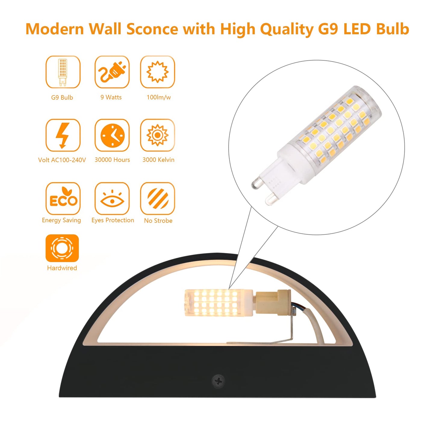 Aipsun Black Modern LED Wall Sconce Indoor Wall Lights 1 Pack Hardwired Up and Down Wall Mount Light for Living Room Bedroom Hallway Corridor Conservatory Warm White 3000K(with G9 Bulbs)
