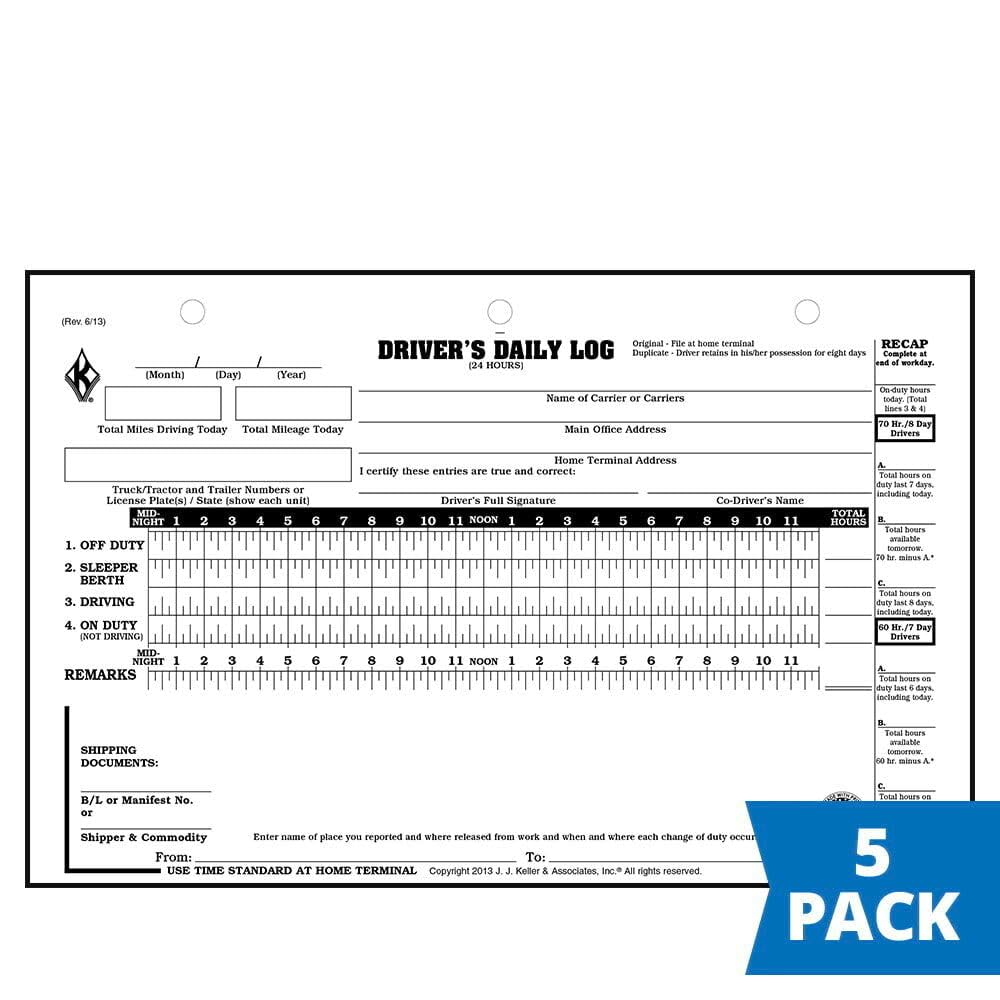 Driver Daily Log 5-pk. with 7- and 8-Day Recap - Shrinkwrapped Loose-Leaf Format, 2-Ply Carbonless, 8.5" x 6.5", 31 Sets of Forms Per Unit, J. J. Keller & Associates, Inc.