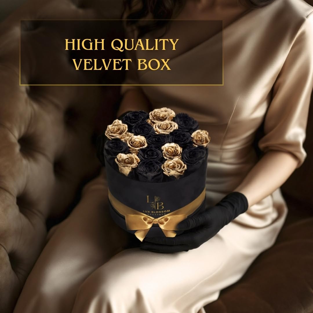17 Black & Gold Forever Roses, Velvet Box - Luxury Black Roses, Graduation Flowers, Golden Roses, Preserved Rose Gifts for Women, Flowers for Teacher, Black Roses for Delivery Prime