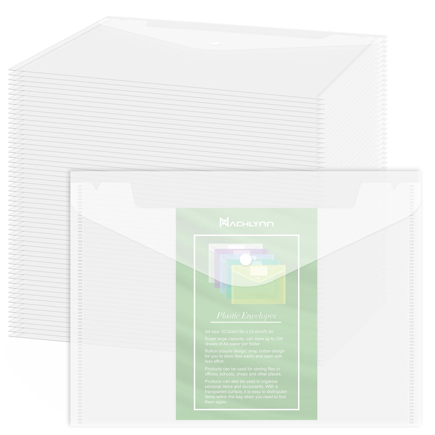 NACHLYNN 108 Pack Plastic Envelopes Poly Envelopes with Snap Closure A4 Size Clear Document File Folders Organizers Clear File for School Office Supplies