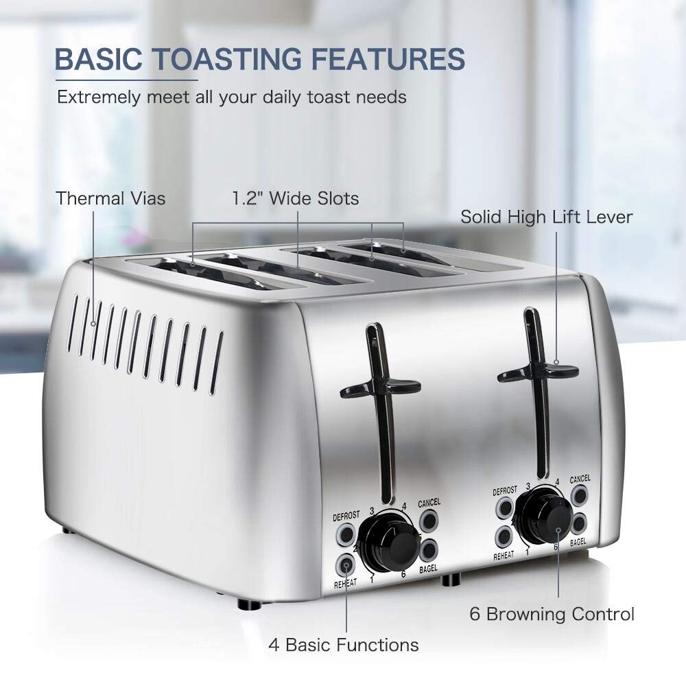 prepAmeal Toaster 4 Slice Stainless Steel Bagel Toaster Extra Wide Slots with 6 Browning Setting, Bagel/Reheat/Defrost/Cancel Function for Toasting Bread, Bagels and Waffles, 1500W, Silver