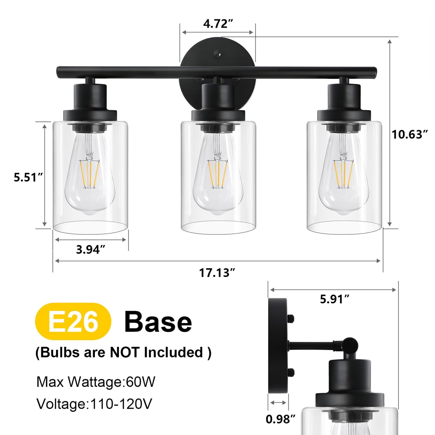 Unicozin Modern Bathroom Light Fixtures, 3 Light Vanity Lights, Black Wall Lamp with Clear Glass for Bathroom, Mirror, Living Room, Bedroom, Hallway, E26 Base