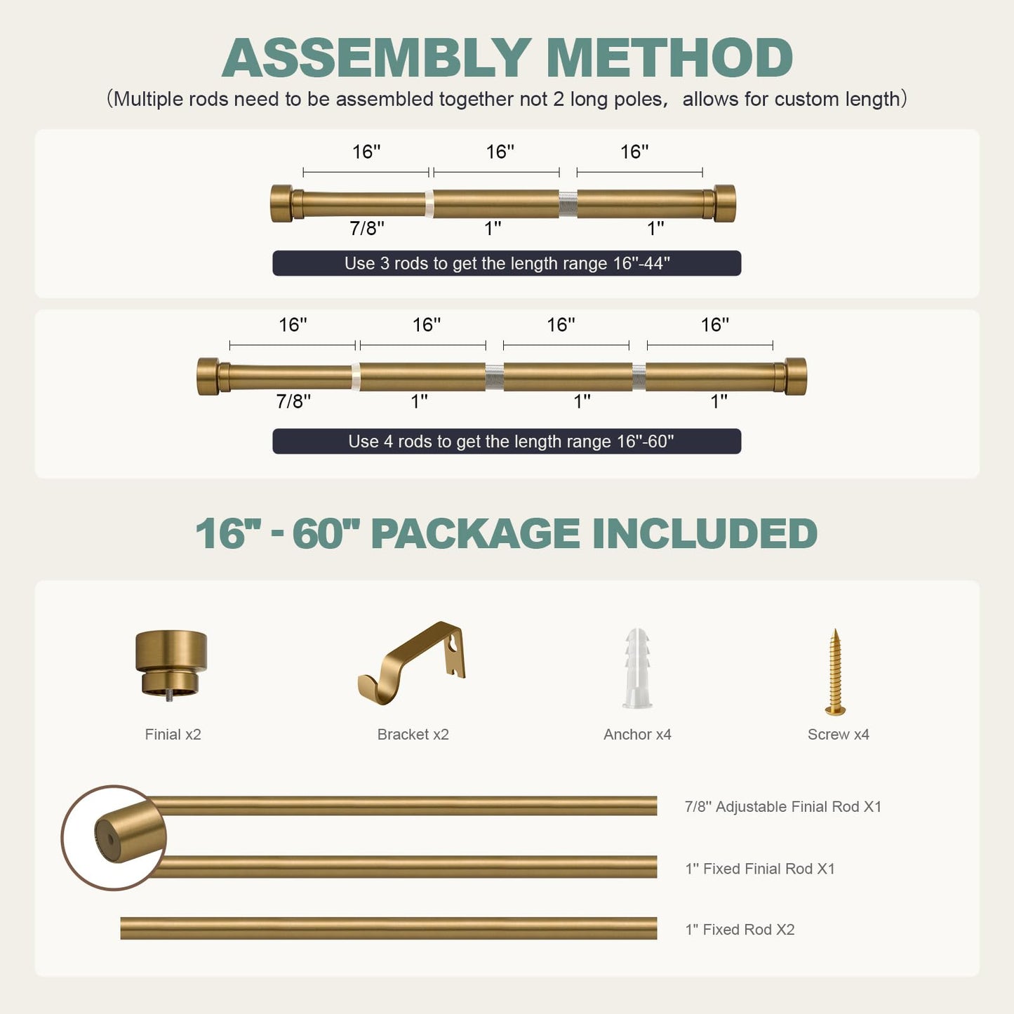Lootkell Warm Gold Curtain Rods for Windows 28 to 48 Inches Adjustable Length Heavy Duty 1" Diameter Brass Window Curtain Rod with Solid Metal Finials for Outdoor Farmhouse Bedroom Kitchen Living Room