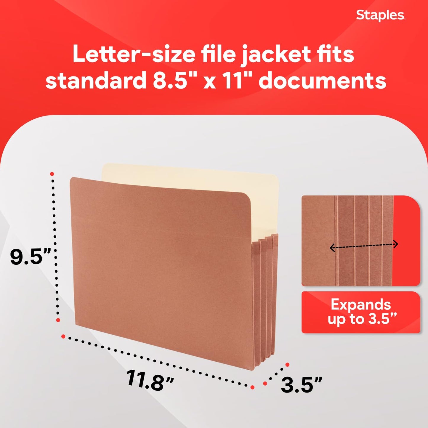 Staples Reinforced File Pockets, Letter Size, 3.5‑Inch Expansion, Heavy‑Duty Brown Accordion Files for Organization – 25/Pack