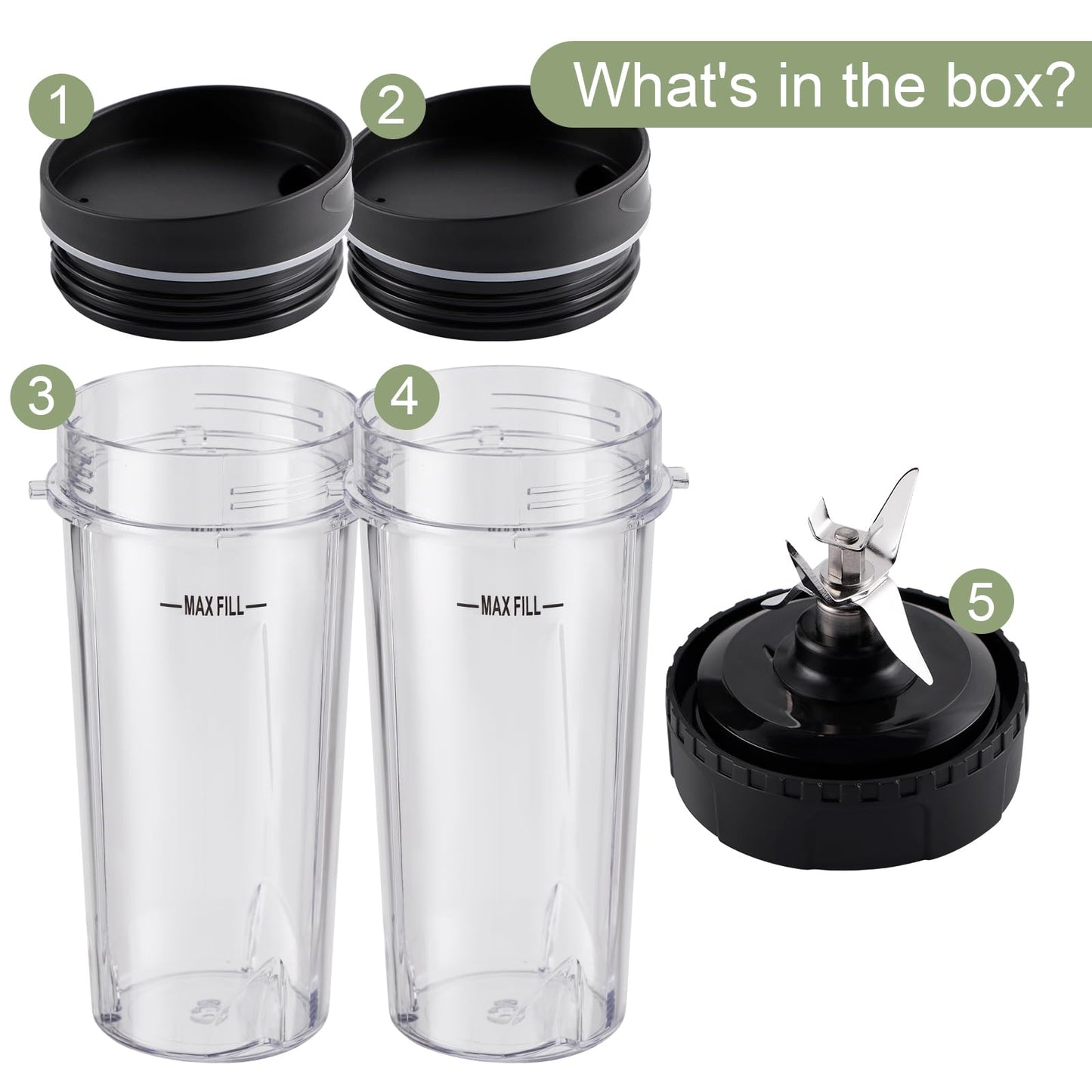 Equust 5-piece Blender Cups Replacement for Ninja Single Serve 16oz Cups with Sip & Seal Lids, 6 Fins Extractor Blade Compatible with Ninja Blenders Pro BL660 BL663 BL663CO BL665Q BL740 BL770