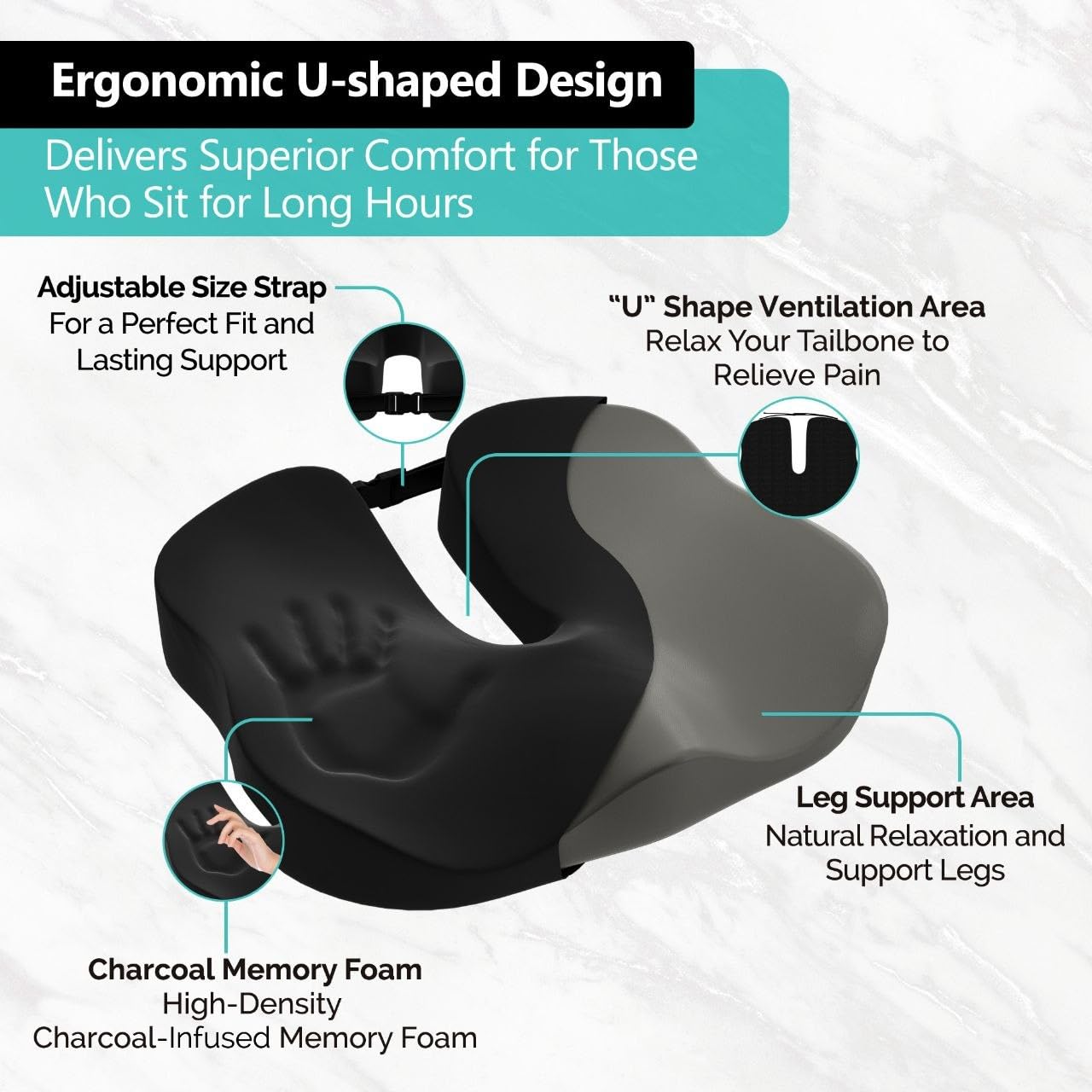 Comfidur Seat Cushion - High-Density Charcoal Memory Foam Office Chair Cushion with Adjustable Strap & Washable Non-Slip Cover | Supports Sitting Posture for Office, Car & Home