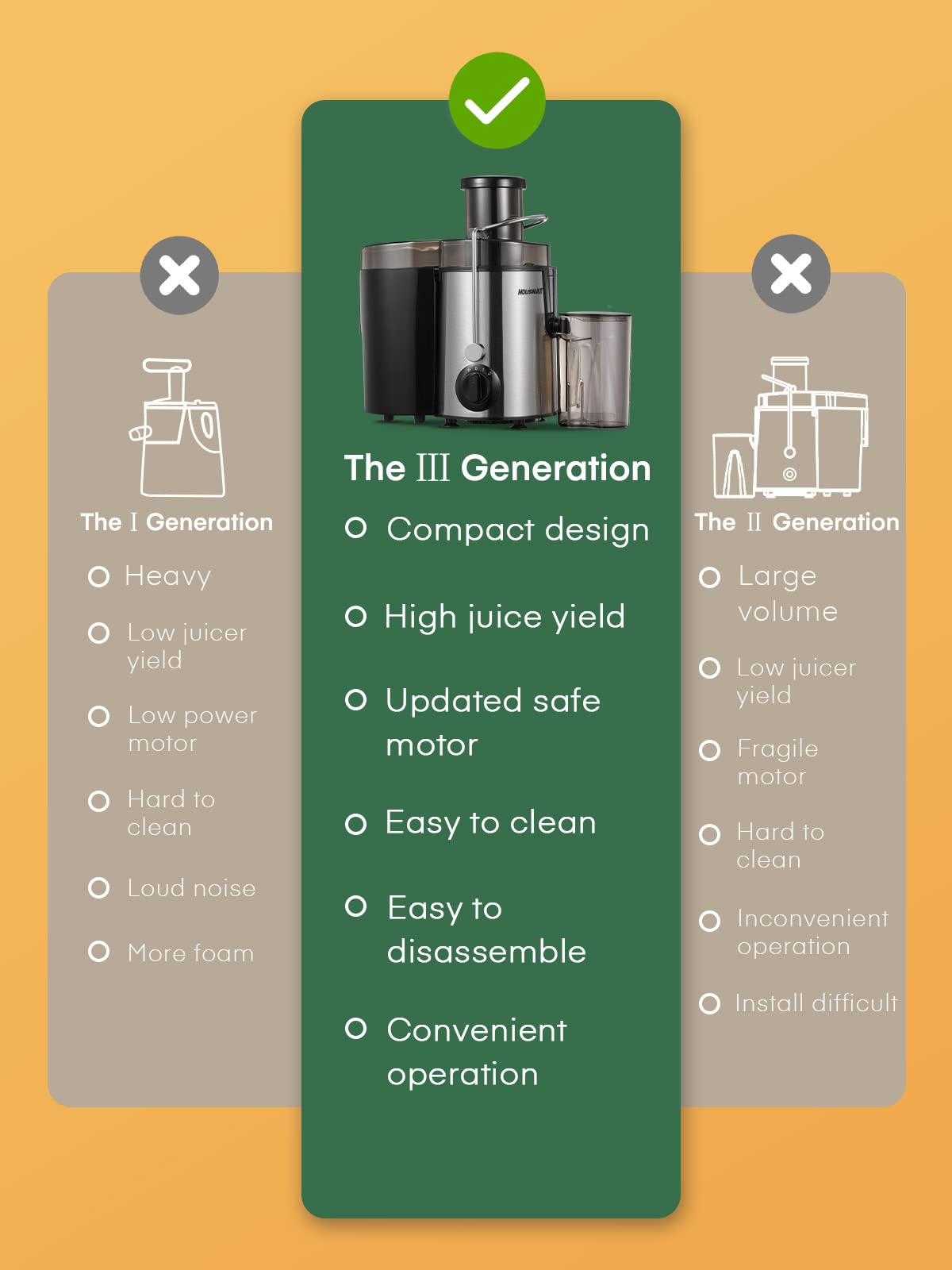 Juicer Machines, HOUSNAT Juicer Whole Fruit and Vegetables with 3-Speed Setting, 400 W Motor Quick Juicing Ideal for Beginners & Light Daily Use, Cleaning Brush and Juicing Recipe Included