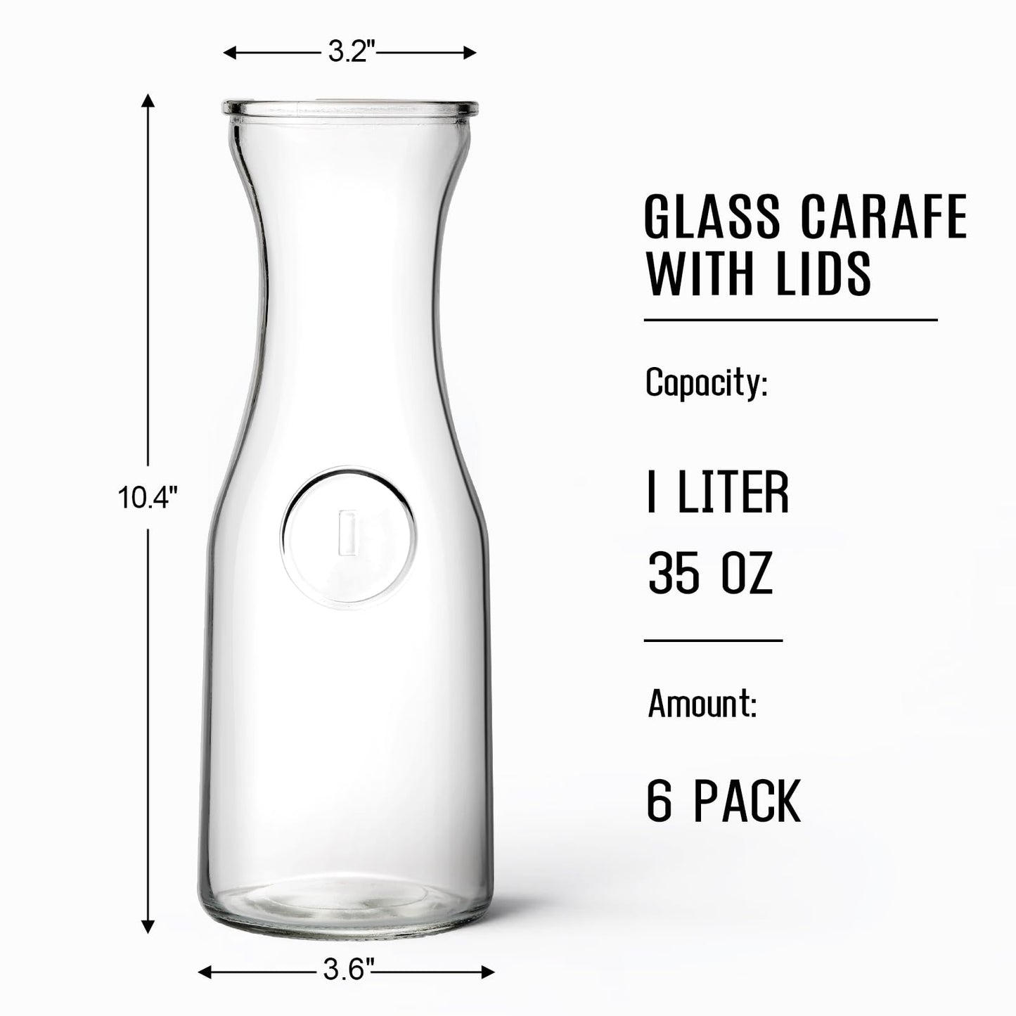 Set of 6 Glass Carafe with Lid, 1 Liter Beverage Serveware Carafe, Clear Glass Pitcher for Mimosa Bar, Brunch, Cold Water, Juice, Milk, Iced Tea, Lemonade