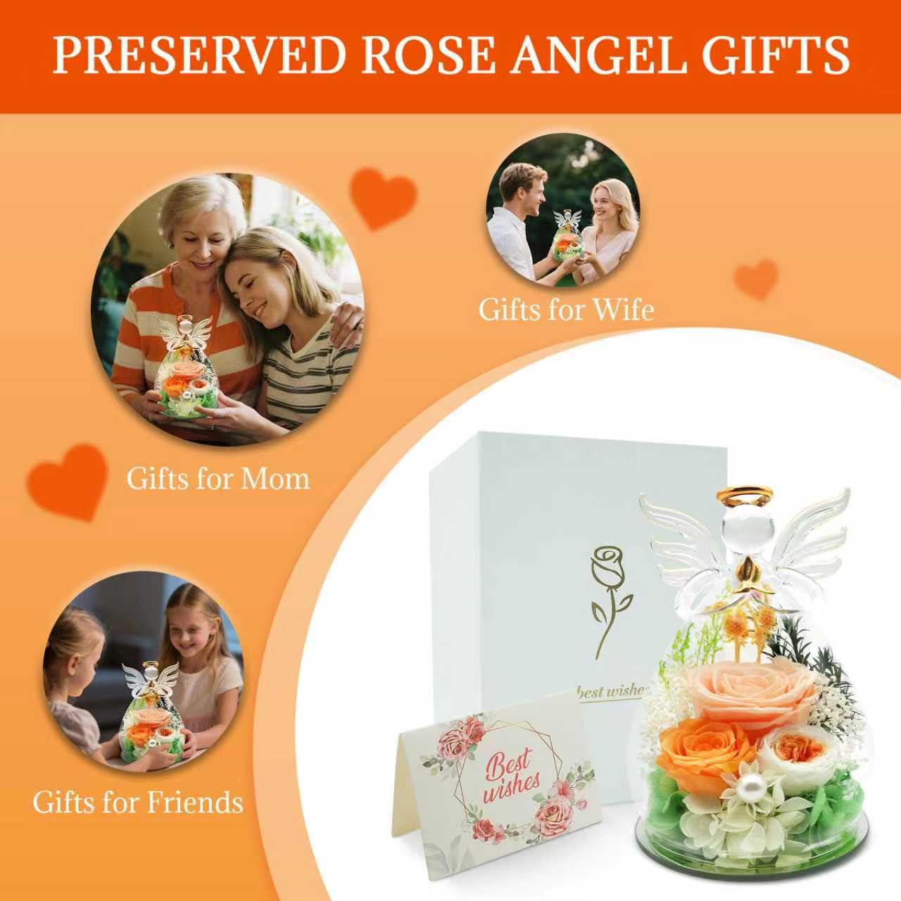 Gifts for Mom Women, Preserved Rose in Glass Angel Figurine, Forever Flowers Birthday Gifts for Her, Mothers Day Anniversary Valentines Gifts for Grandma Wife Daughter Girlfriend, Real Rose Home Decor