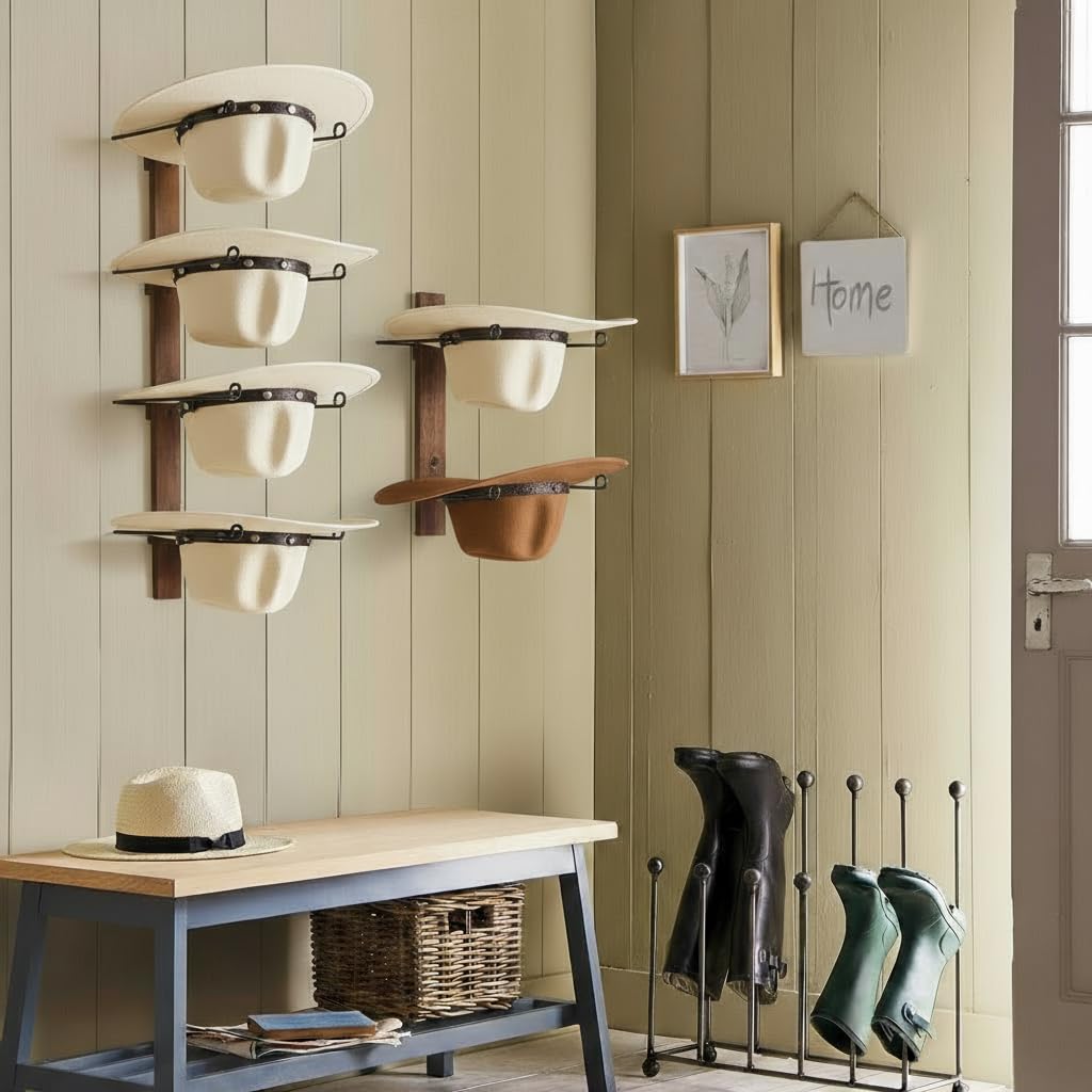 TIPSYTREE Cowboy Hat Holder, 3-Piece Wall Mount Cowboy Hat Rack for Wall Holds up to 6 Hats – Wooden + Metal Rustic Western DIY Hat Racks for Wall Storage and Home Décor