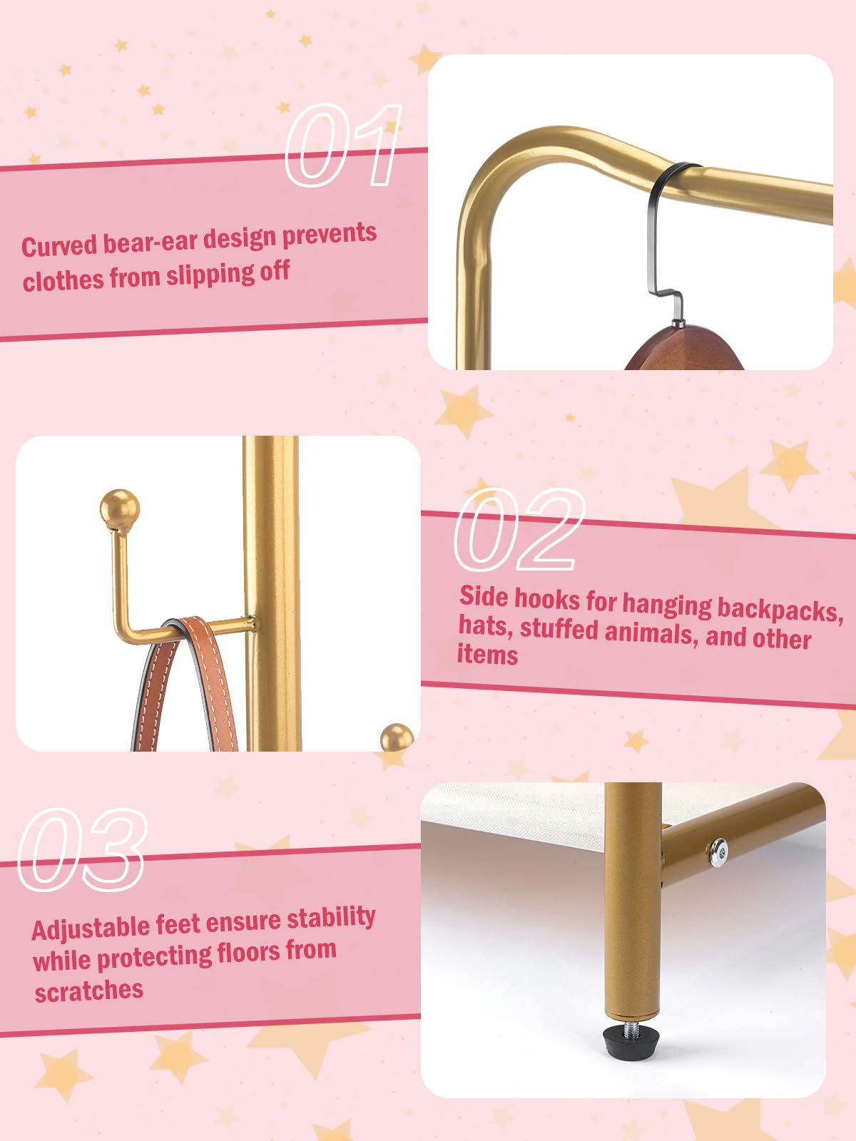 Atrastout Kids Clothing Rack-Portable Kids Clothing Rack with Storage Shelf - Toddler Garment Organizer for Baby Clothes, Dance Costumes, Girls Gift Ideas(gold)